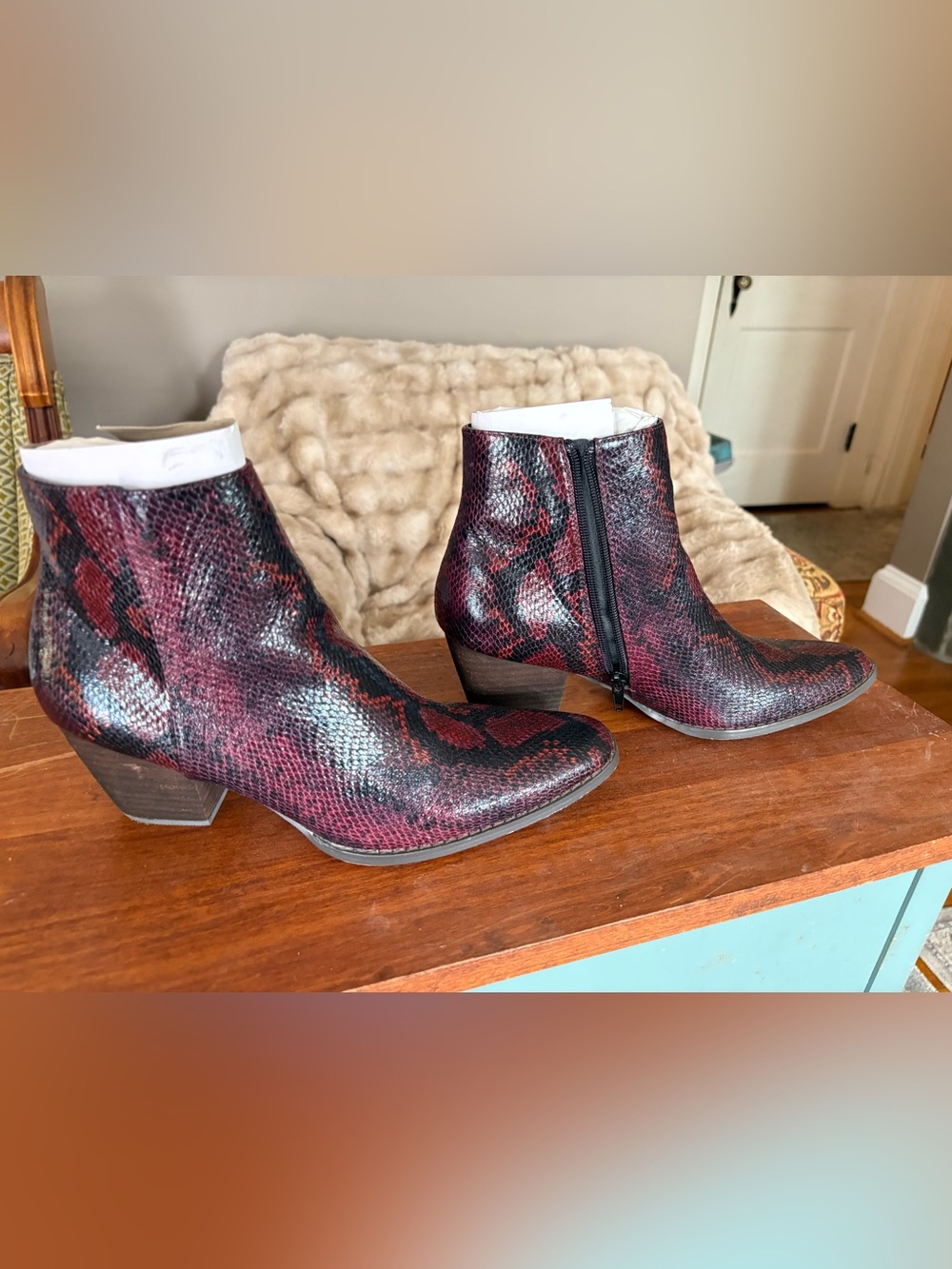 Women’s Burgundy Leather Snake-Print Ankle Boots -9.5 M by Coconuts for Matisse